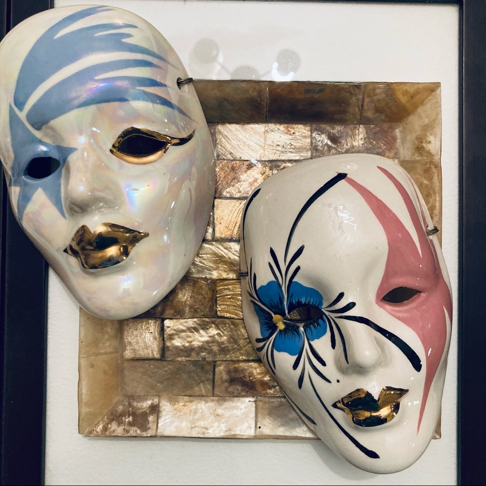Porcelain Mardi Gras masks wall decor artist signed VTG